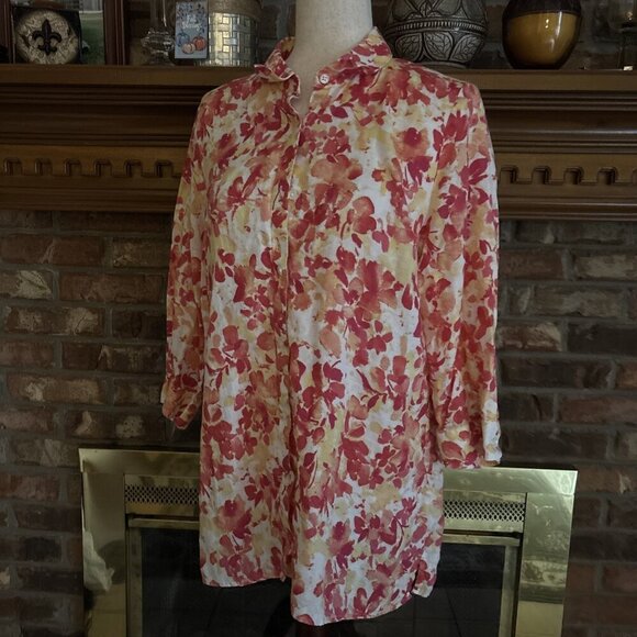 Cold water Pink Floral 100% Linen Blouse Size Medium Beach Or Cruise Wear - Picture 2 of 7
